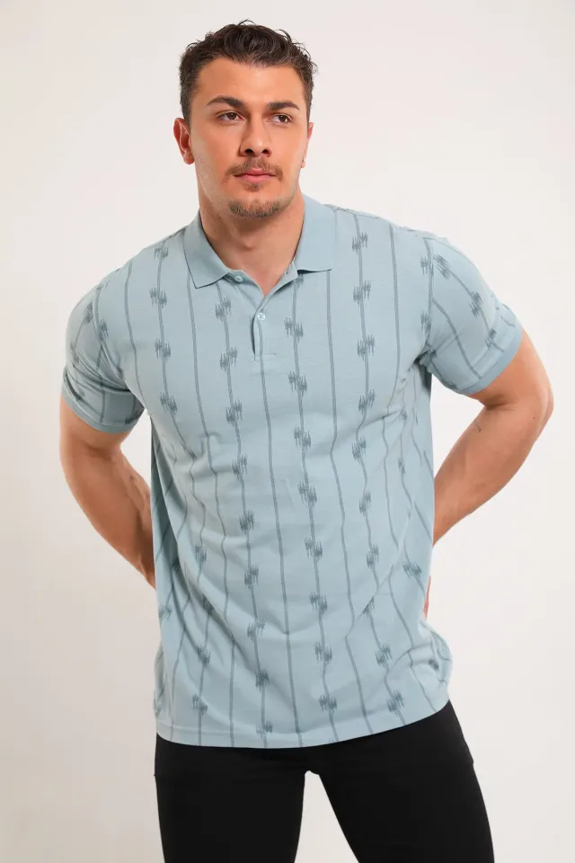 Erkek Polo Yaka Desenli Likralı T-shirt Açıkmavi