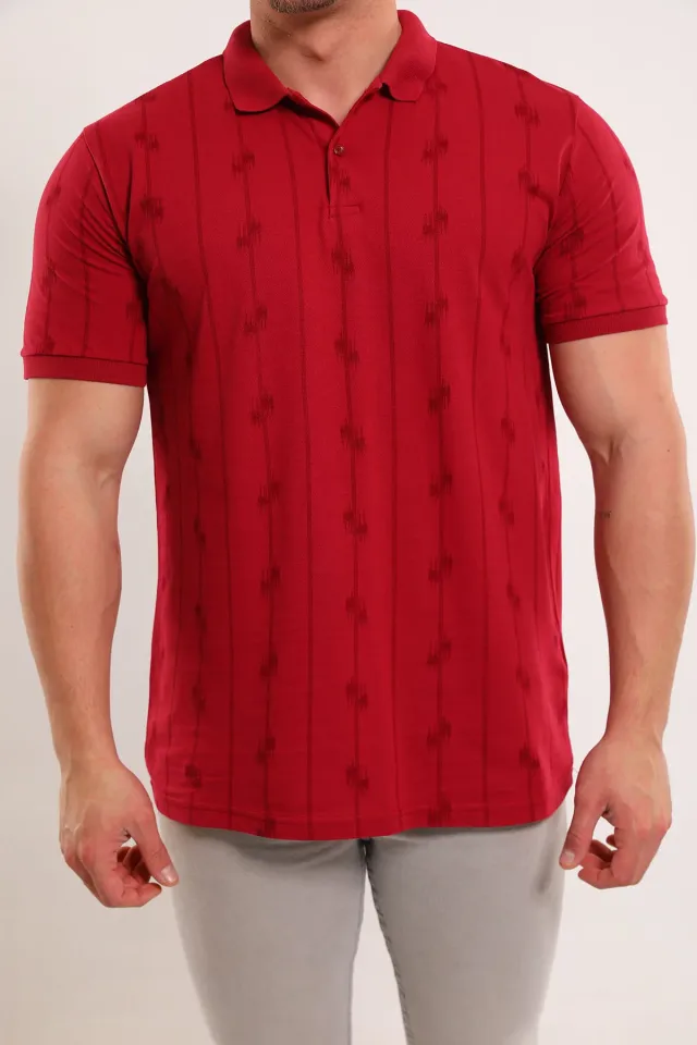 Erkek Polo Yaka Desenli Likralı T-shirt Bordo