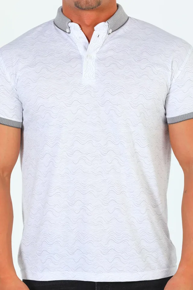 Erkek Polo Yaka Desenli Slim Fit T-shirt Krem
