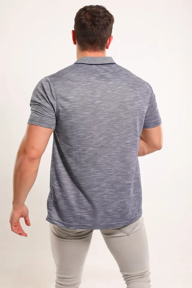 Erkek Polo Yaka Kendinden Desenli Büyük Beden T-shirt Koyulacivert