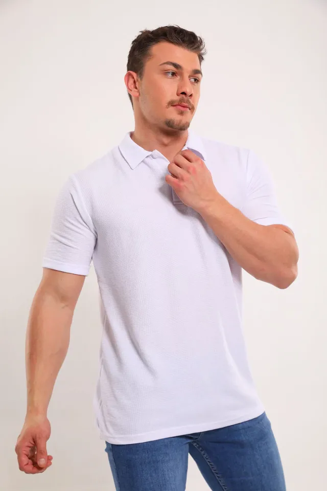 Erkek Polo Yaka Kendinden Desenli Likralı T-shirt Beyaz