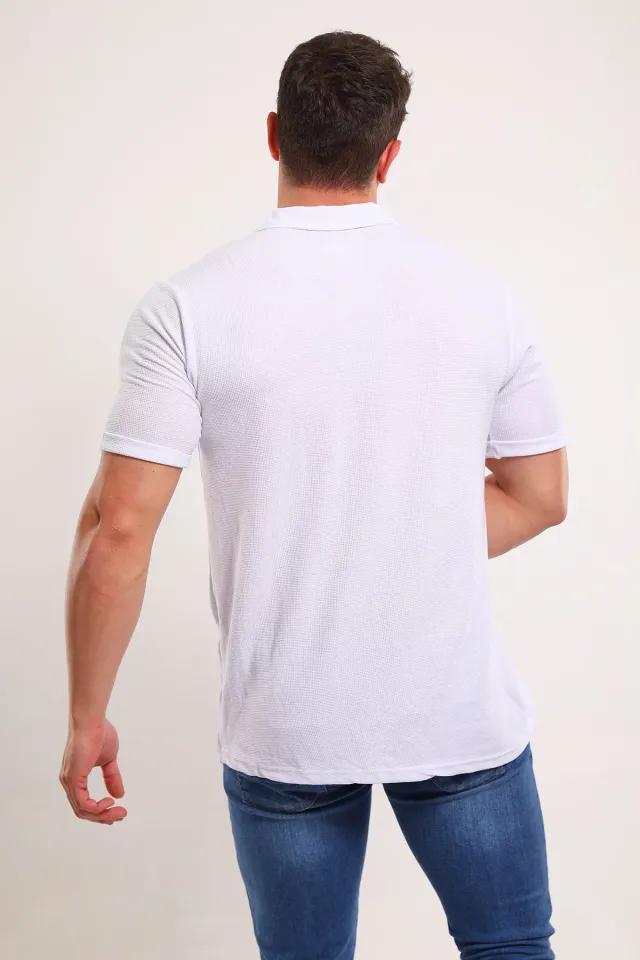 Erkek Polo Yaka Kendinden Desenli Likralı T-shirt Beyaz