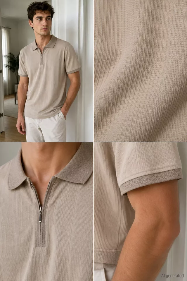 Erkek Polo Yaka Kendinden Desenli Ön Yarım Fermuarlı Tişört