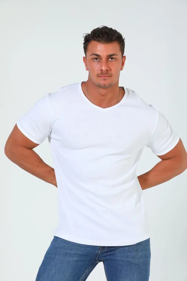 Erkek V Yaka Likralı Basıc T-shirt Beyaz