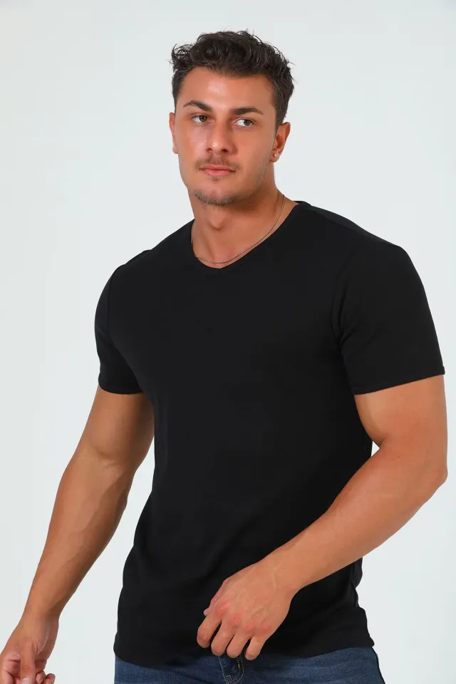 Erkek V Yaka Likralı Basıc T-shirt Siyah