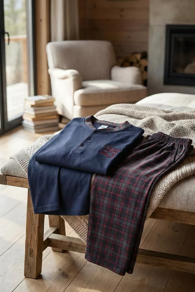 Erkek Yarım Düğmeli Desenli İnterlok Pijama Takımı