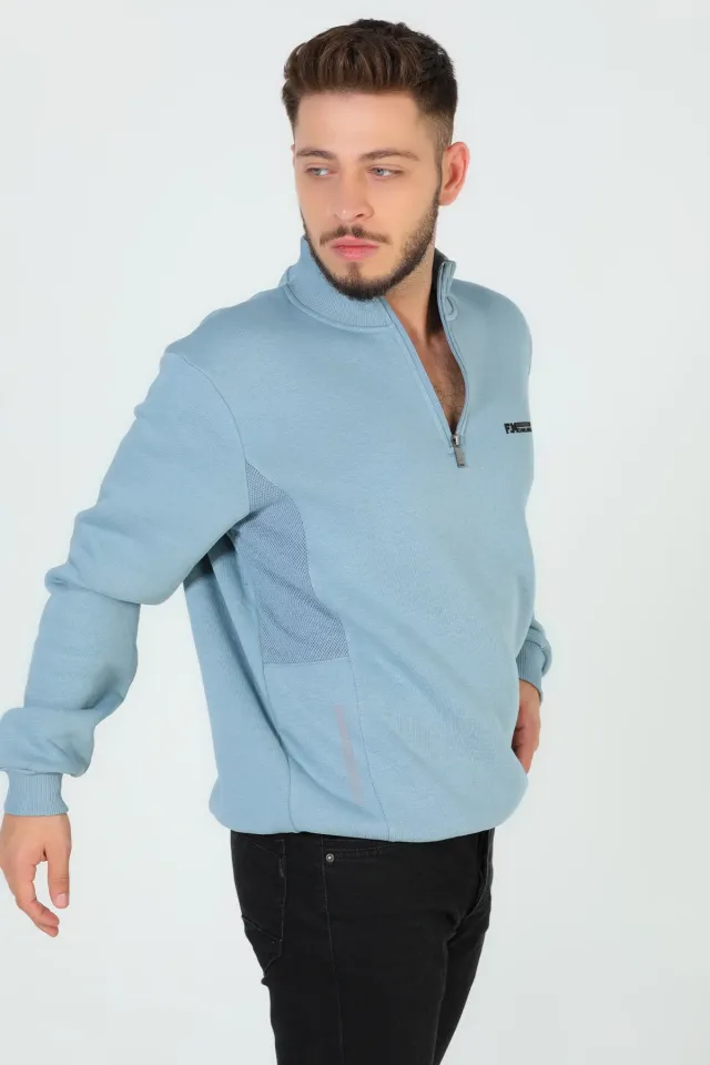 Erkek Yarım Fermuar Detaylı Üç İplik Şardonlu Sweatshirt Mint