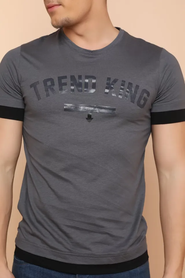 Etek Kol Garnili Baskılı Erkek T-shirt Füme