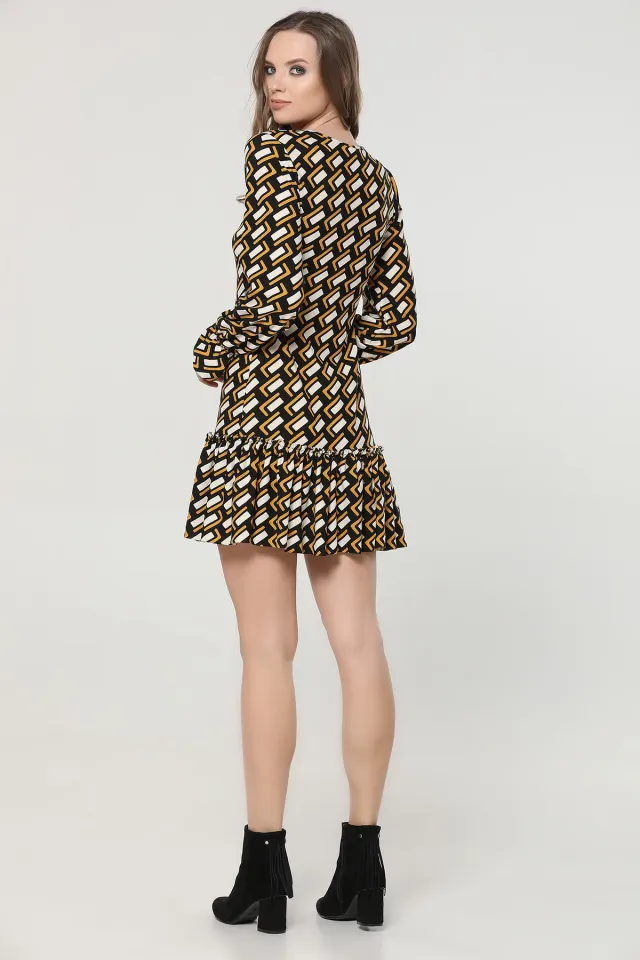 Etek Ucu Kol Fırfırlı Desenli Elbise Hardal