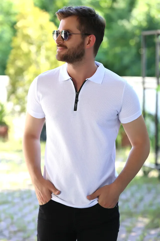 Fermuar Detaylı Erkek T-shirt Beyaz