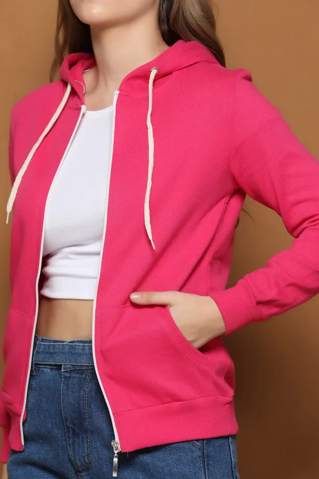 Kadın Likralı Kapüşonlu Slim Fit Basıc Sweatshirt Fuşya
