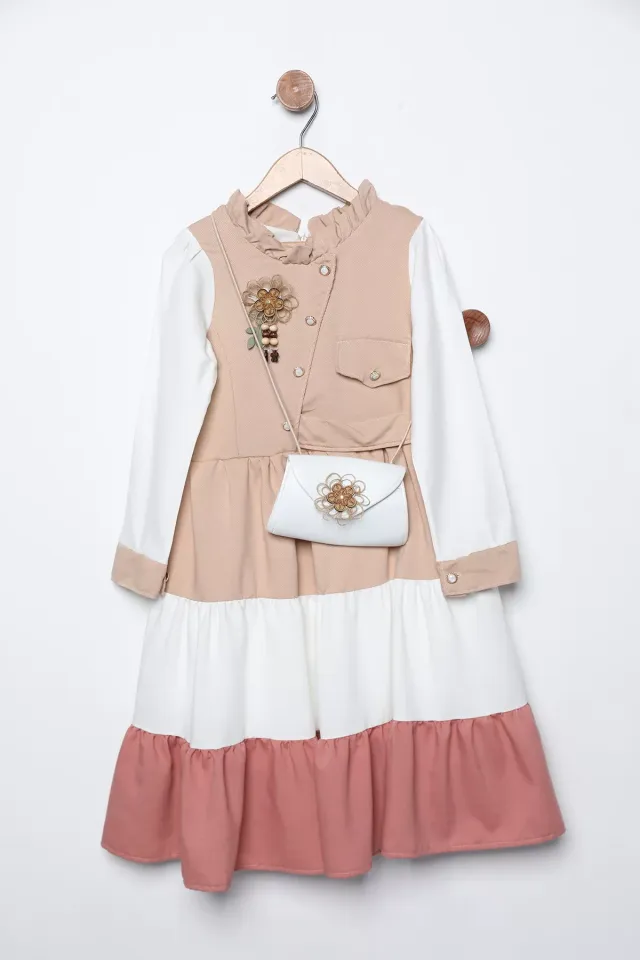 Fırfırlı Renk Bloklu Broş Detaylı Kız Çocuk Elbise Ve Çanta İkili Takım Bej