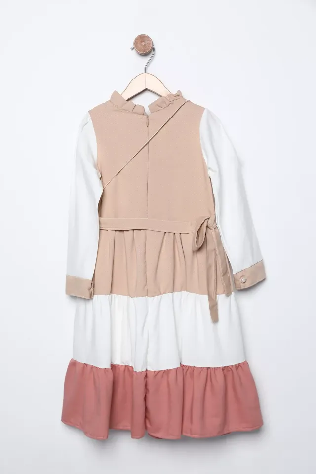 Fırfırlı Renk Bloklu Broş Detaylı Kız Çocuk Elbise Ve Çanta İkili Takım Bej