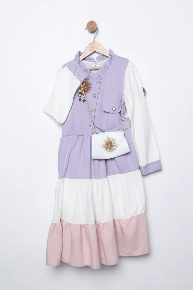 Fırfırlı Renk Bloklu Broş Detaylı Kız Çocuk Elbise Ve Çanta İkili Takım Lila