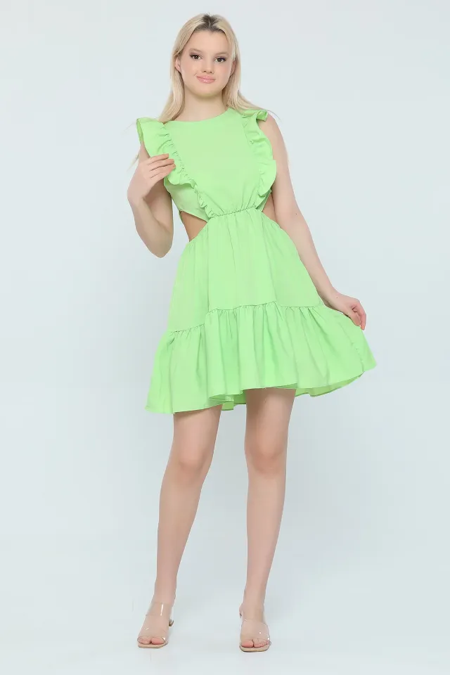 Kadın Fırfırlı Bel Dekolteli Mini Elbise Fıstık Yeşili