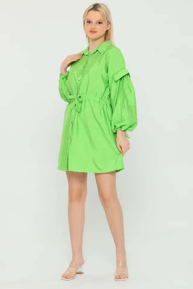 Kadın Oversize Bel Kol Bağlamalı Mini Elbise Fıstık Yeşili