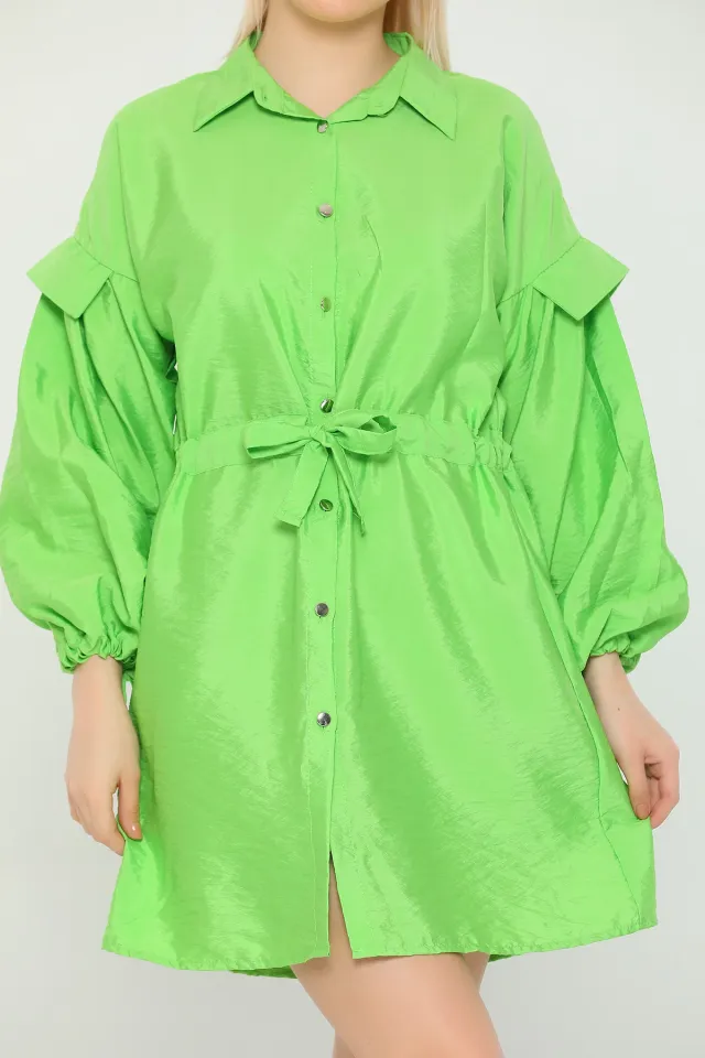 Kadın Oversize Bel Kol Bağlamalı Mini Elbise Fıstık Yeşili