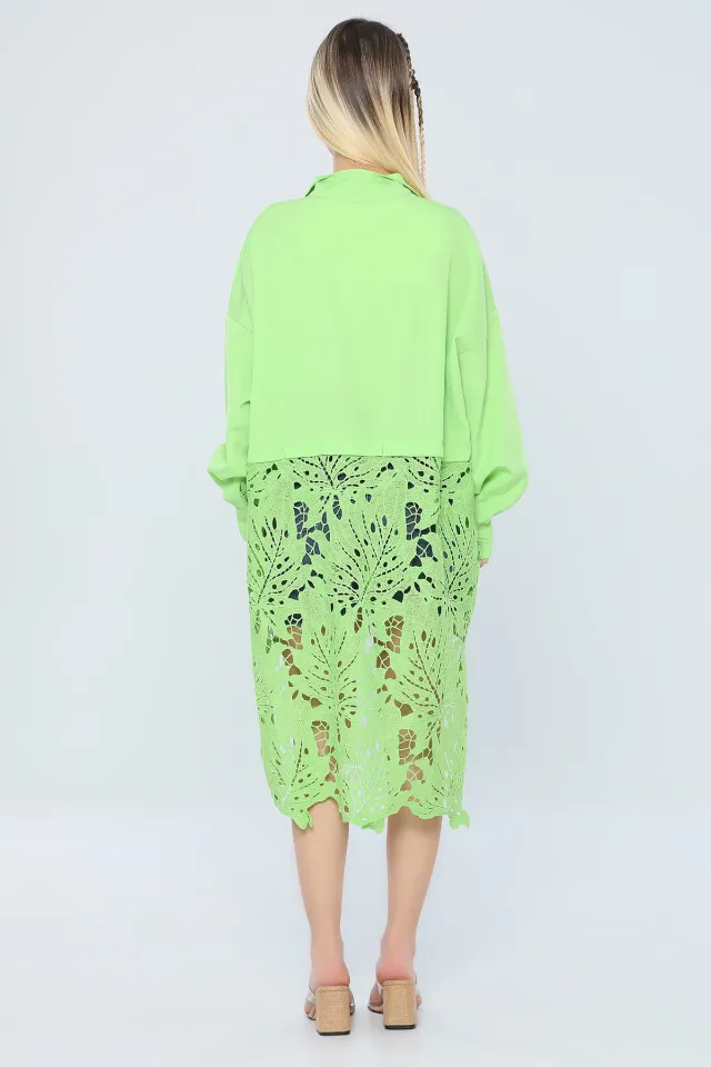 Kadın Oversize Sırt Dantel Tığ Detaylı Gömlek Tunik Fıstık Yeşili