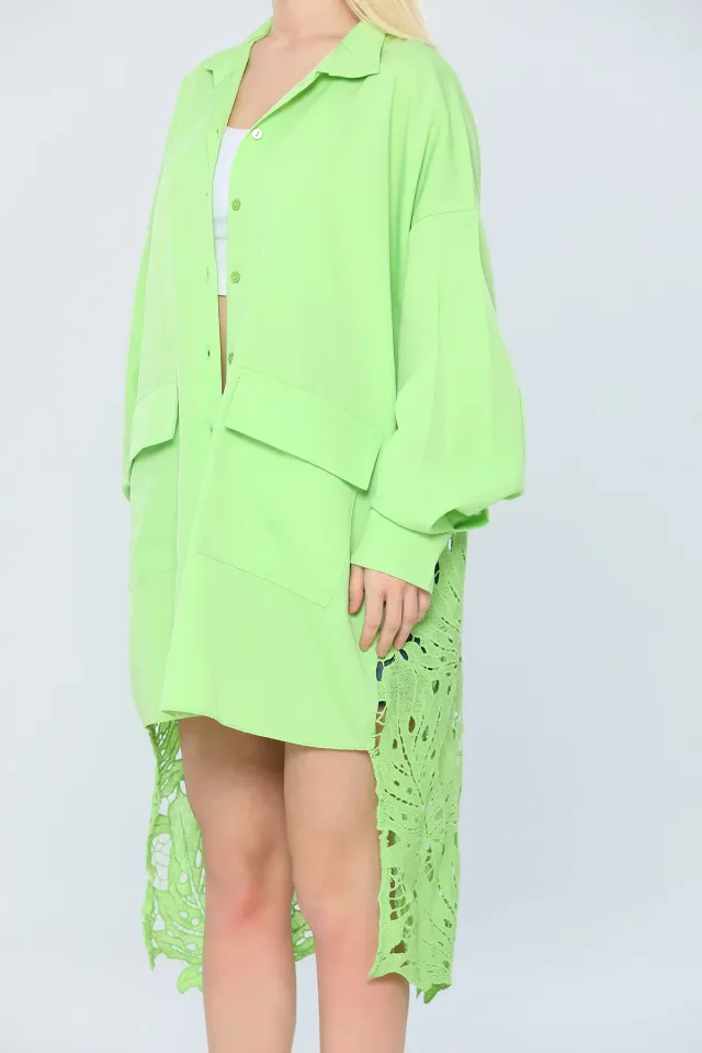 Kadın Oversize Sırt Dantel Tığ Detaylı Gömlek Tunik Fıstık Yeşili