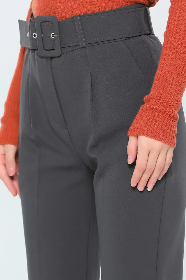 Kadın Yüksek Bel Kemerli Bilek Boy Kumaş Pantolon Füme