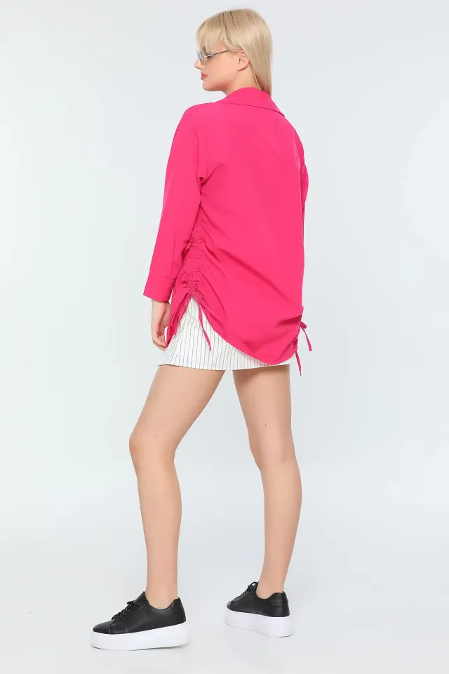 Kadın Oversize Poplin Kumaş Yanı Büzgülü Uzun Basic Gömlek Fuşya