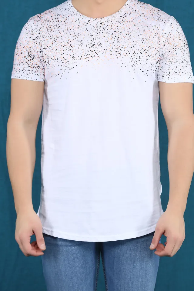 Göğüs Sıçratma Boyalı Erkek T-shirt Beyaz