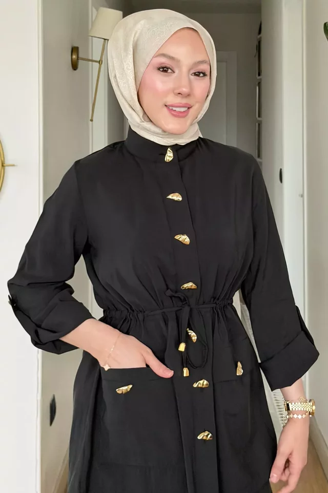 Gold Düğme Detaylı Bel Bağlamalı Tunik Pantolon Tesettür İkili Takım - 2