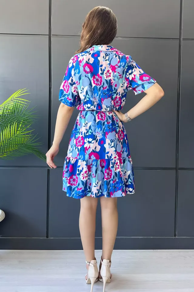 Gömlek Yaka Ön Düğmeli Bel Kuşaklı Kadın Fırfırlı Desenli Viskon Elbise İndigo