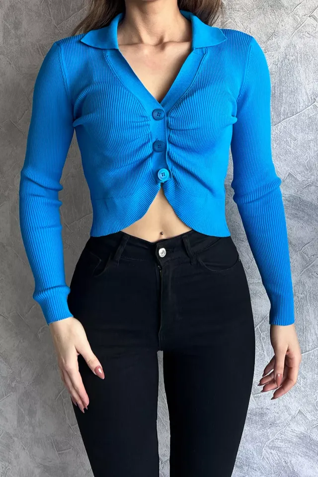 Gömlek Yaka Ön Düğmeli Büzgü Detaylı Kadın Triko Hırka Mavi
