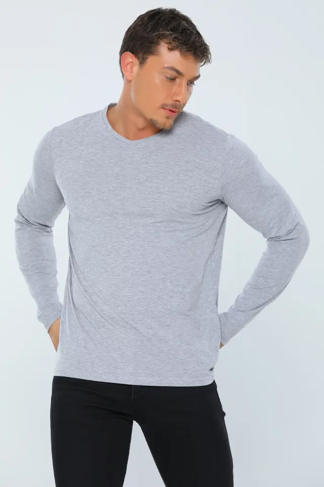 Erkek Likralı V Yaka Uzun Kollu Basic Body Sweatshirt Gri