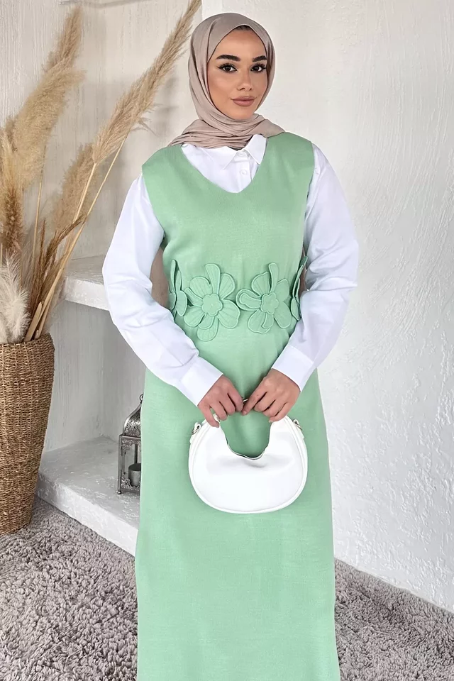 Gül Figürlü Triko Elbise Gömlek Tesettür İkili Takım - 2