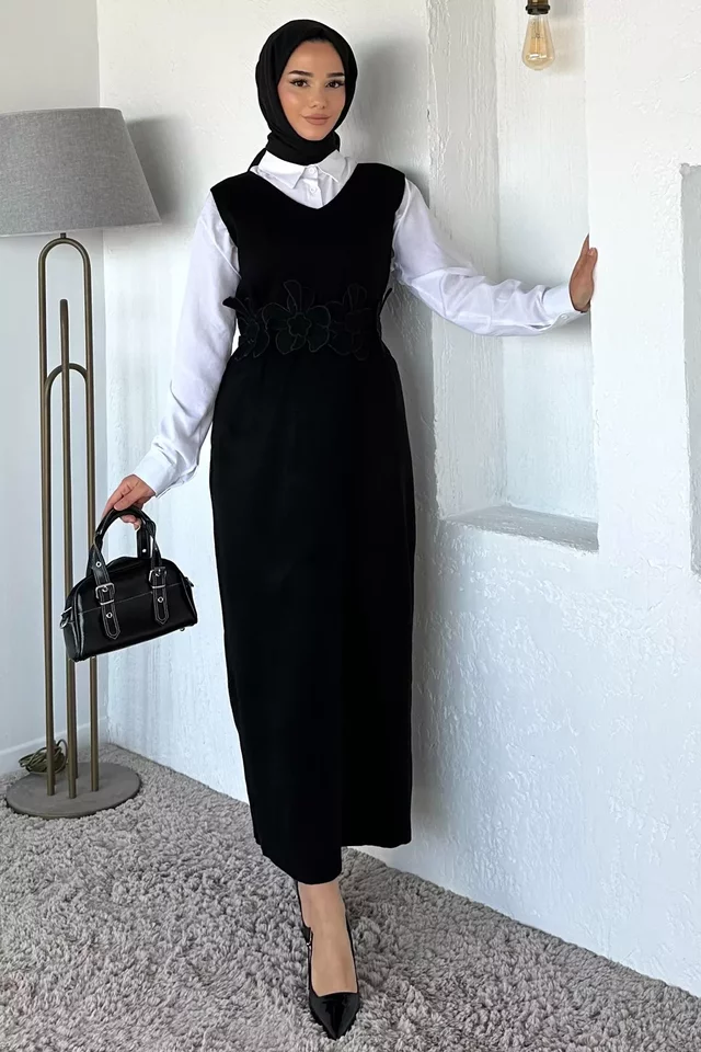Gül Figürlü Triko Elbise Gömlek Tesettür İkili Takım - 2