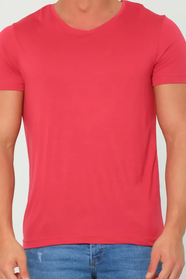Erkek Likralı V Yaka Slim Fit Basic Body T-shirt GülKurusu