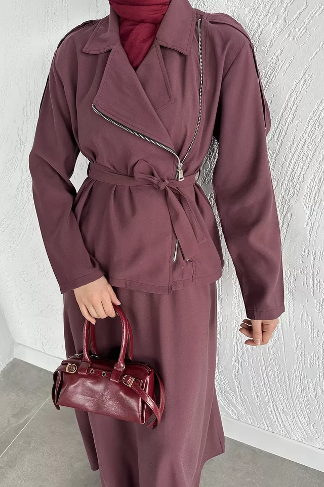 Gülseli Bel Lastikli Etek Ceket Tesettür İkili Takım