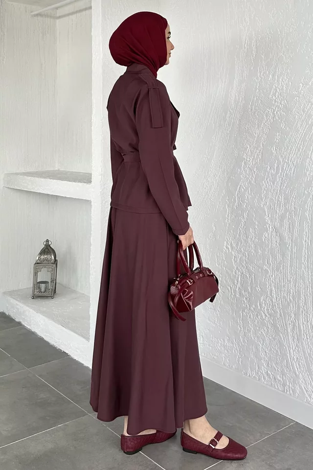 Gülseli Bel Lastikli Etek Ceket Tesettür İkili Takım