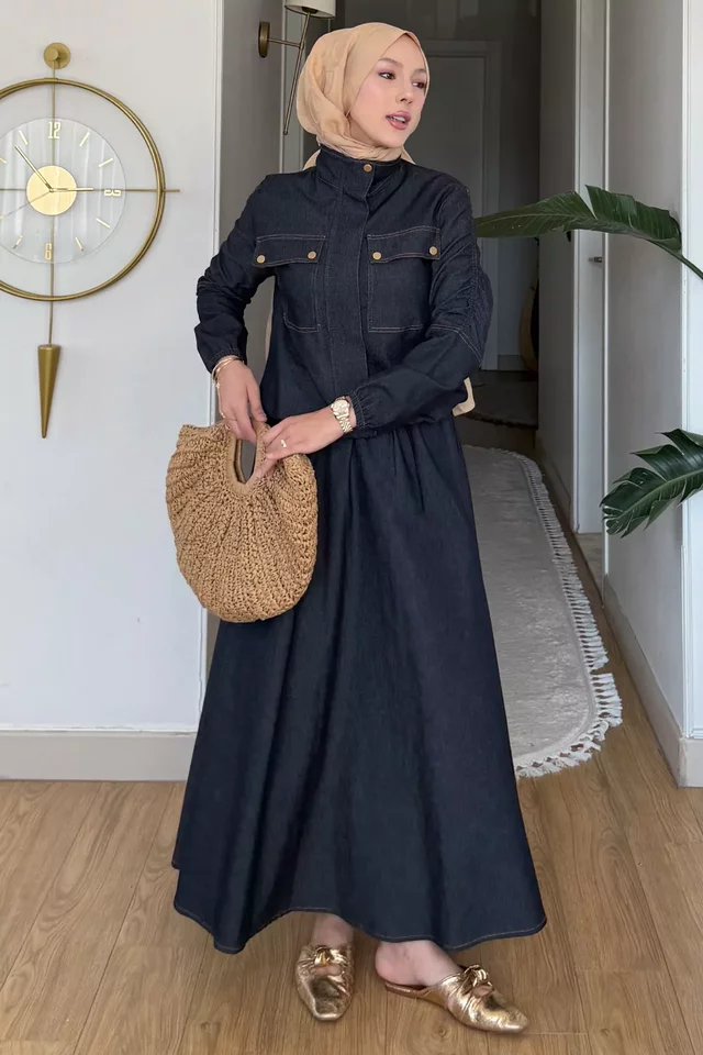 Gülseli Fermuarlı Kot Ceket Etek Tesettür İkili Takım