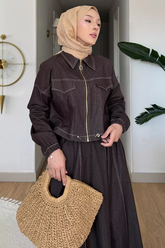 Gülseli Jean Kot Ceket Bel Lastikli Etek Tesettür İkili Takım
