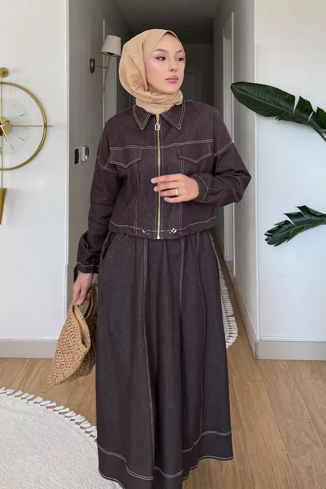 Gülseli Jean Kot Ceket Bel Lastikli Etek Tesettür İkili Takım