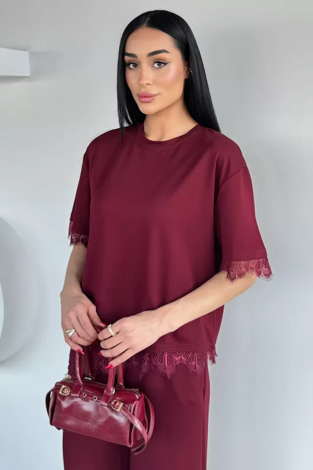 Gülseli Kadın Bel Lastikli Pantolon Dantel Detaylı Tişört İkili Takım