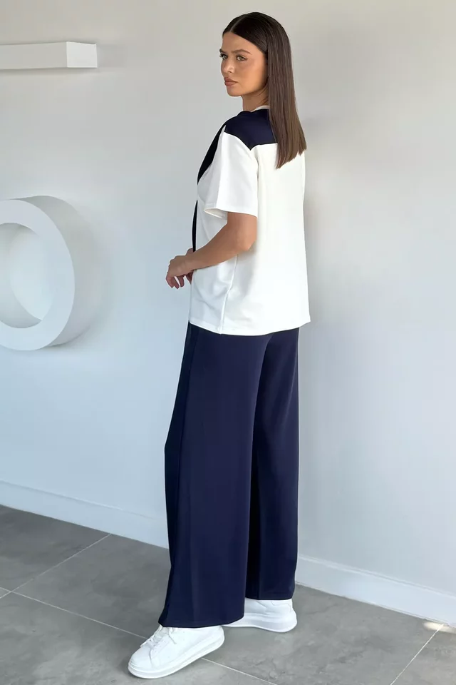 Gülseli Kadın Bel Lastikli Pantolon Ön Bağlamalı Bluz İkili Takım