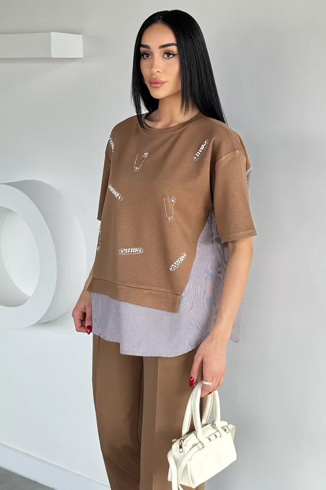 Gülseli Kadın Bel Lastikli Pantolon Taş İşlemeli Bluz İkili Takım