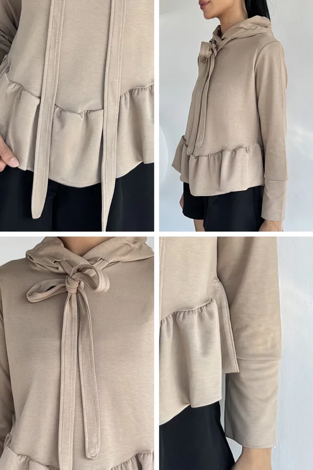 Gülseli Kadın Eteği Fırfırlı Kapüşonlu Sweatshirt