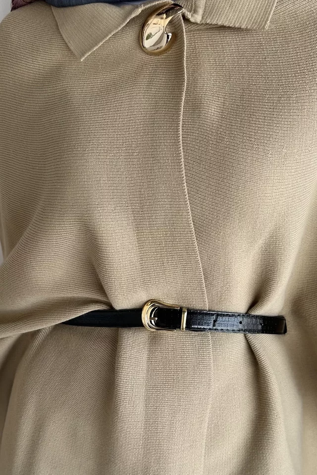 Gülseli Kadın Gold Düğmeli Kemer Detaylı Triko Panço Pantolon Tesettür İkili Takım