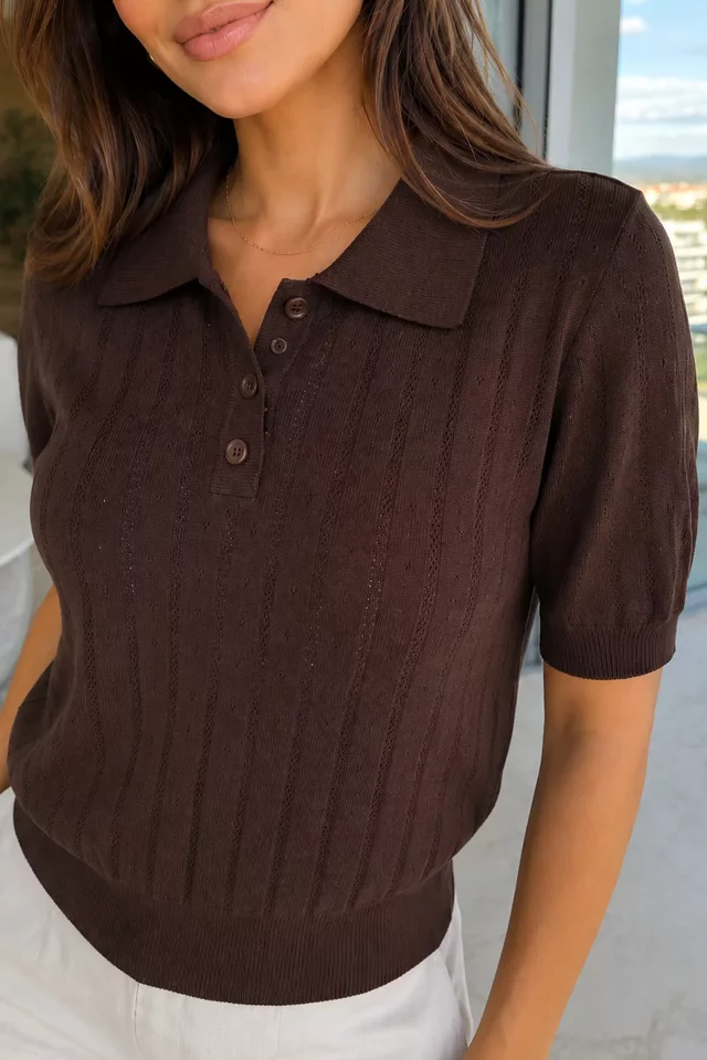 Gülseli Kadın Polo Yaka Ajurlu Triko Bluz