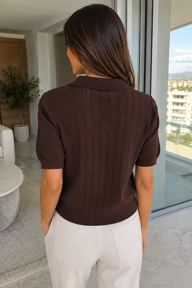 Gülseli Kadın Polo Yaka Ajurlu Triko Bluz