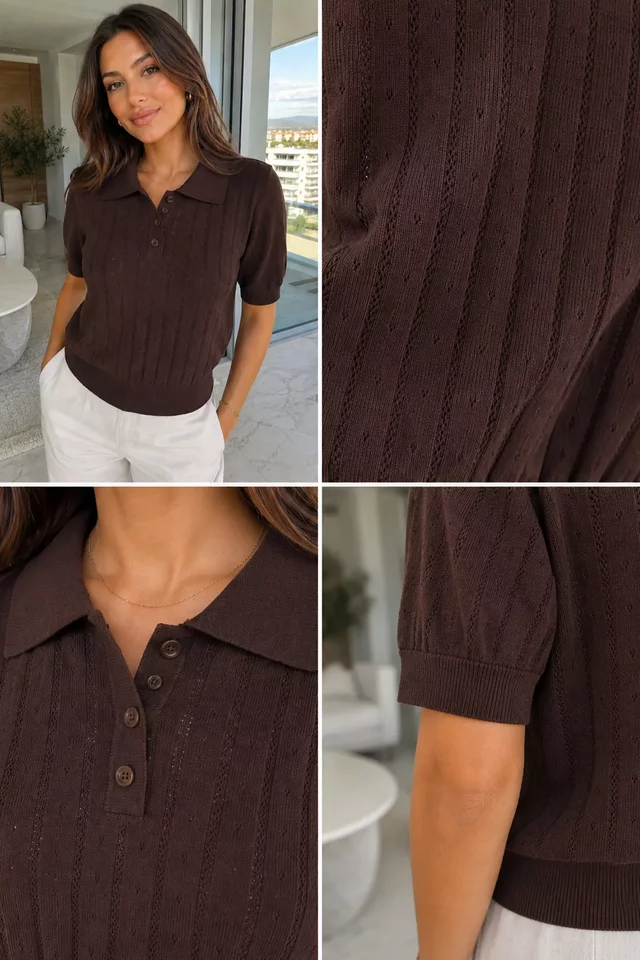 Gülseli Kadın Polo Yaka Ajurlu Triko Bluz