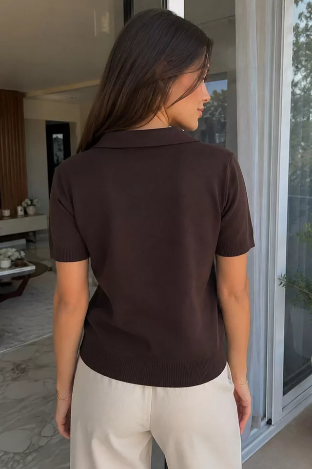 Gülseli Kadın Polo Yaka Çiçek Nakışlı Triko Bluz
