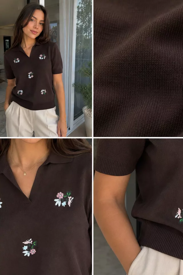 Gülseli Kadın Polo Yaka Çiçek Nakışlı Triko Bluz