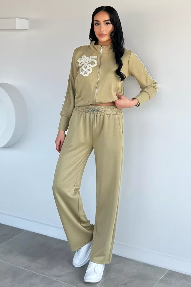 Gülseli Kadın Taş İşlemeli Fermuarlı Sweat Bel Lastikli Pantolon İkili Takım - 1