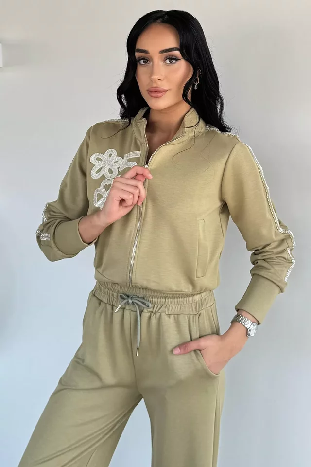 Gülseli Kadın Taş İşlemeli Fermuarlı Sweat Bel Lastikli Pantolon İkili Takım